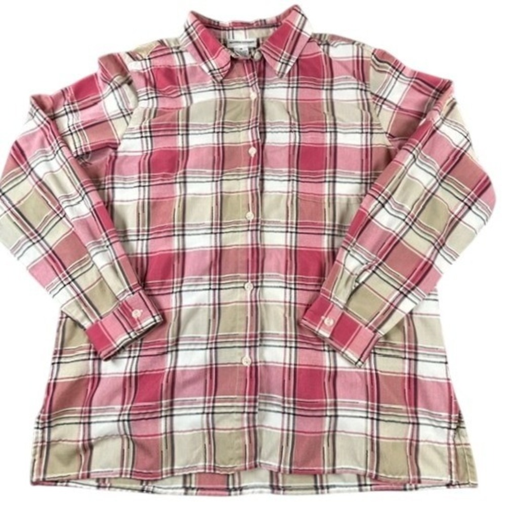 Alfred Dunner Women's Pink White Beige Plaid Button Up Long Sleeve Shirt 14